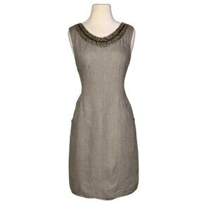 Lina Tomei Taupe Multi Beading Round Neck Sleeveless Shift Dress Pockets Size M